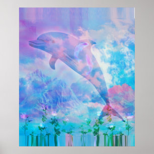 Póster Delfín de Vaporwave en el cielo