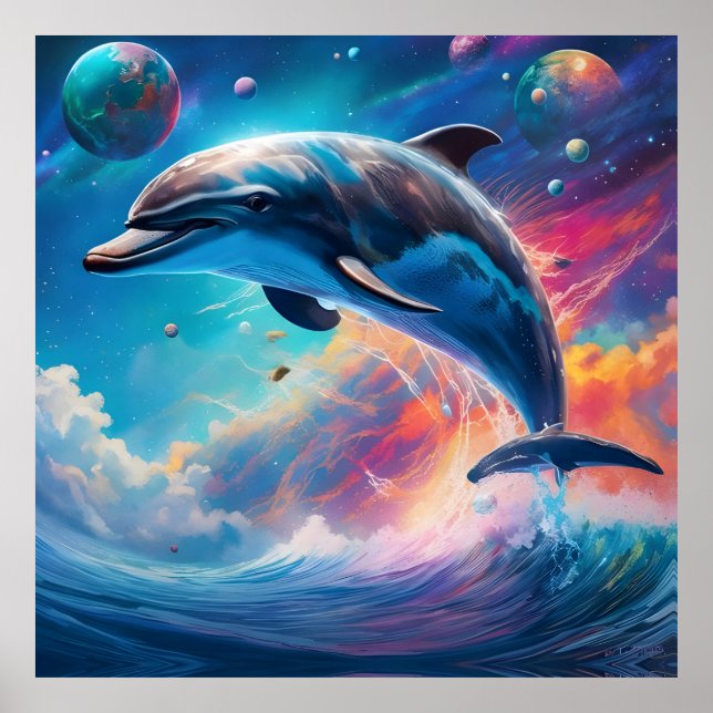 Póster Delfín, fantasía, planetas (Frente)