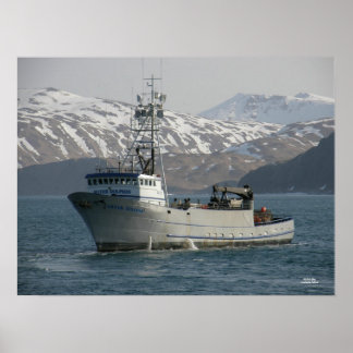 Póster Delfín plateado, bote de pesca de cangrejo