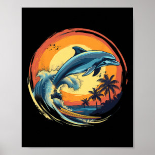 Póster Delfín Surfing Atardecer Mar Océano Delfín Mar Océ