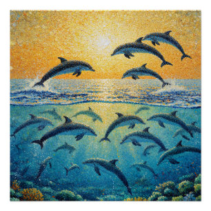 Póster Delfines al atardecer l