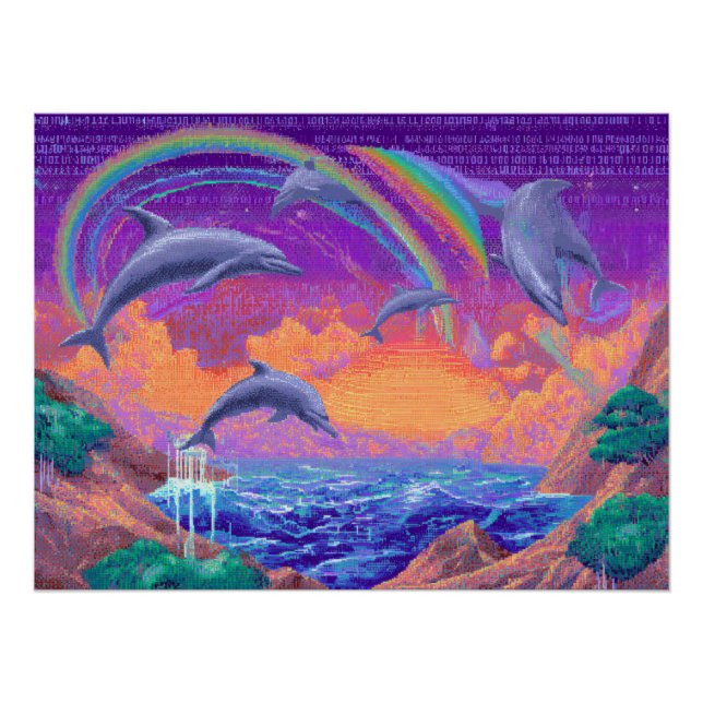 Póster Delfines Arcoíris Saltando a Través de Cielos de P (Anverso)
