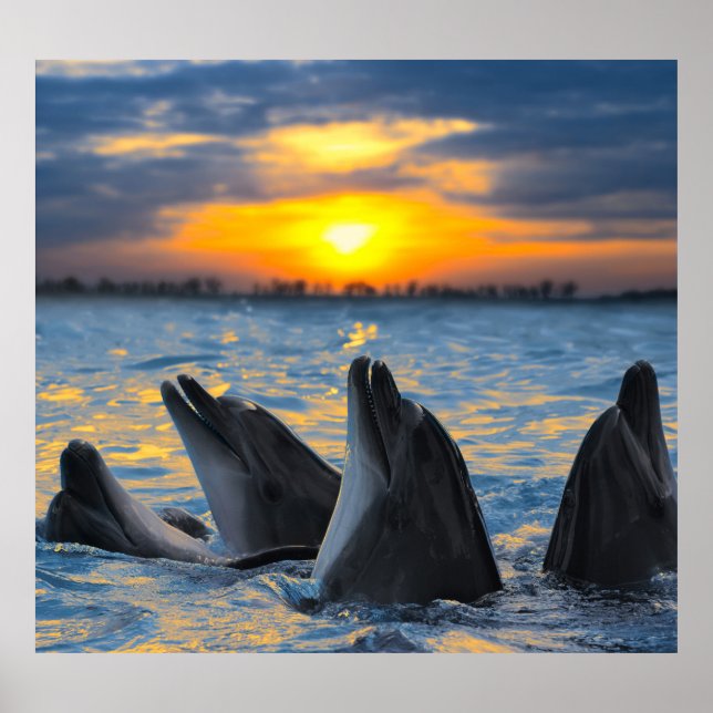 Póster Delfines botánicos, escena del océano atardecer. (Frente)