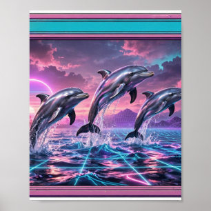 Póster Delfines de Cromo — Océano Vaporwave