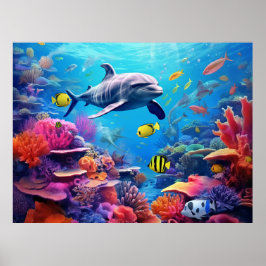 Póster Delfines en un arrecife de coral, vida marina