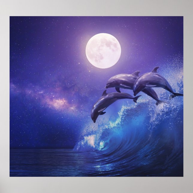 Póster Delfines iluminados por la luna: fantasía nocturna (Frente)