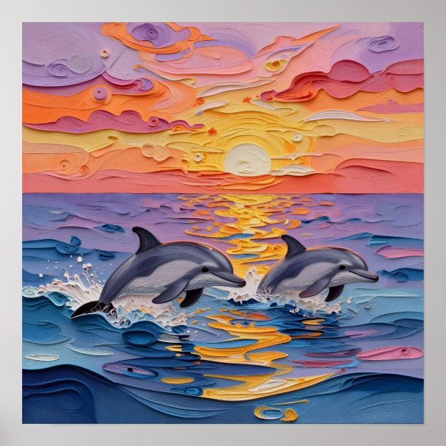 Póster Delfines Impasto y olas del océano   (Frente)
