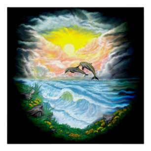Póster Delfines jugando en el sol