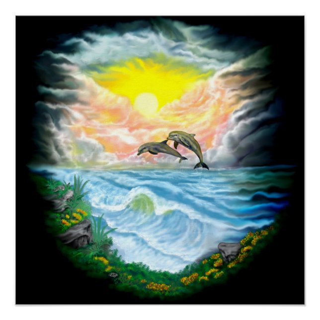 Póster Delfines jugando en el sol (Anverso)