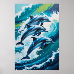 Póster Delfines saltando a través de olas del océano Diná
