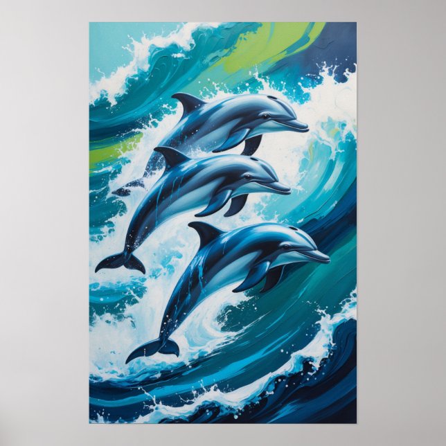 Póster Delfines saltando a través de olas del océano Diná (Frente)