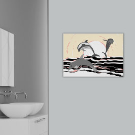 Póster Delfines Saltando en el Océano Abstracto al Amanec