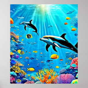 Póster Delfines y arrecifes: Alegría submarina