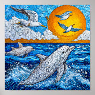 Póster Delfines y Gaviotas Mosaico Oceánico Costero