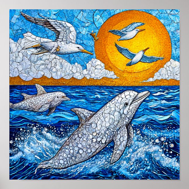 Póster Delfines y Gaviotas Mosaico Oceánico Costero (Frente)