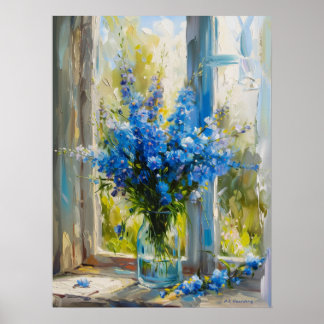 Póster Delfinos Azules En Vase Por La Ventana A. I. Art