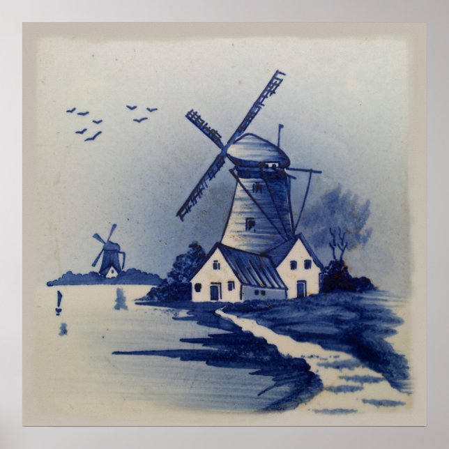 Póster Delft blanco y azul vintage (Frente)