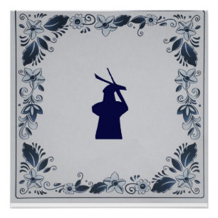 Póster Delft, molino de viento de azulejos azules "de Roo