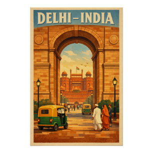 Póster Delhi, India, en un clásico viaje retro