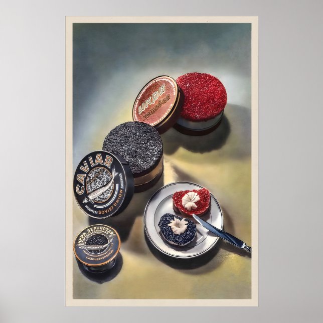 Póster Delicadeza de caviar Botella de vino Champán Comid (Frente)