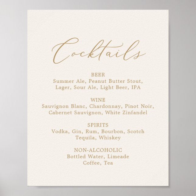 Póster Delicado menú de cócteles de crema Gold Calligraph (Frente)