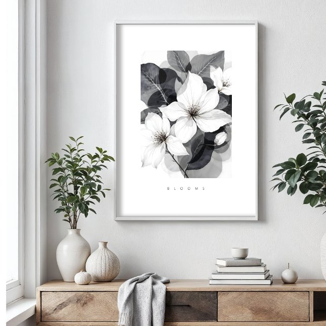 Póster Delicate Black White Overlapping Leaves & Flowers (Delicate Black & White Illustration of Overlapping Leaves and Flowers Posters.)