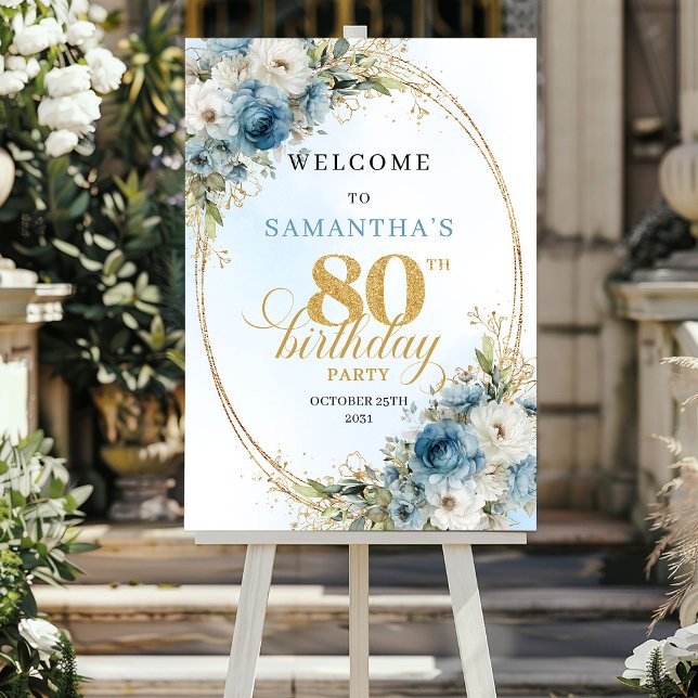 Póster Delicate boho blue florals gold frame 80 birthday (Delicate boho blue florals gold frame 80th birthday

)