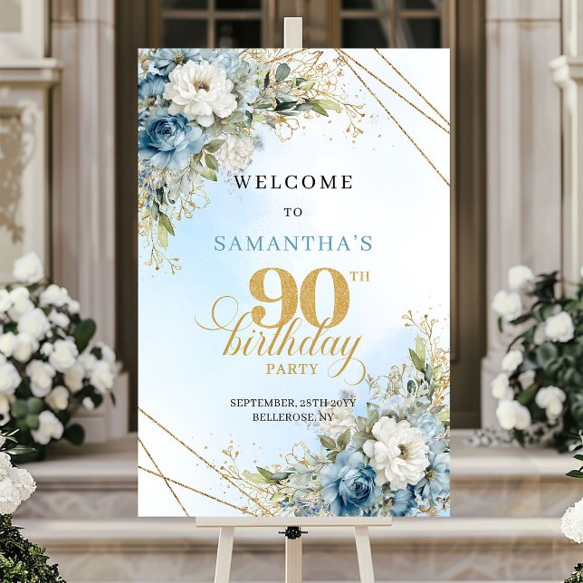 Póster Delicate boho blue florals gold frame 90 birthday (Delicate boho blue florals gold frame 90th birthday

)