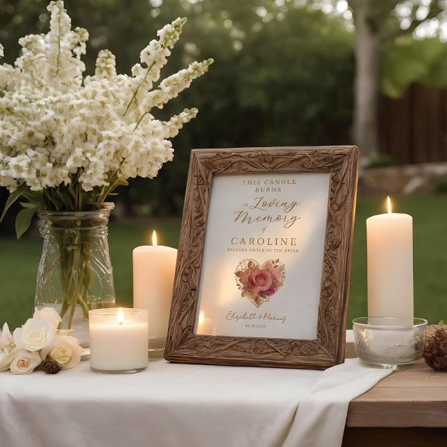 Póster Delicate Floral Heart Wedding Memorial Table (Delicate Romantic Floral Heart Memorial Poster in Pink Tones with This Candle Burns in Loving Memory)