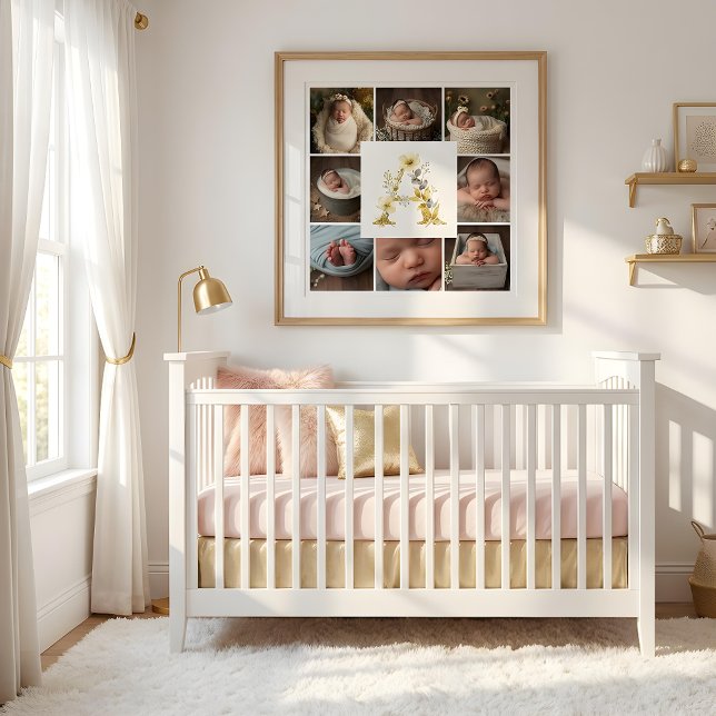 Póster Delicate Floral Initial A 8-Photos Collage Newborn (Delicate Floral Initial A Monogram 8-Photos Collage Newborn Session Poster Design. )