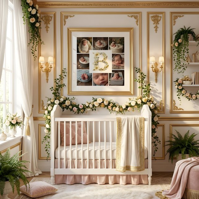 Póster Delicate Floral Initial B 8-Photos Collage Newborn (Delicate Floral Initial B Monogram 8-Photos Collage Newborn Session Poster Design. )