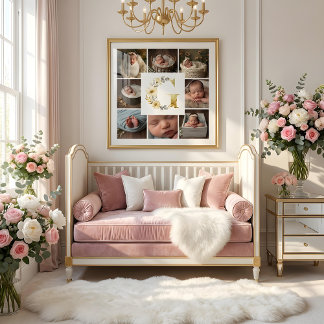 Póster Delicate Floral Initial G 8-Photos Collage Newborn