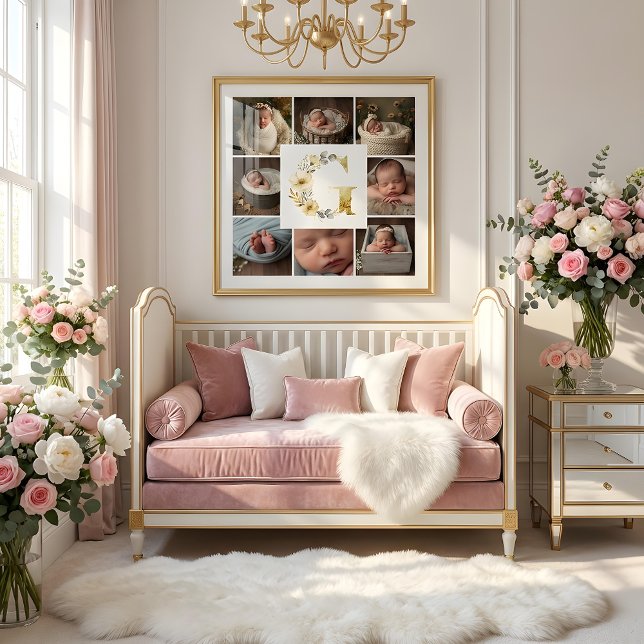 Póster Delicate Floral Initial G 8-Photos Collage Newborn (Delicate Floral Initial G Monogram 8-Photos Collage Newborn Session Poster Design.)
