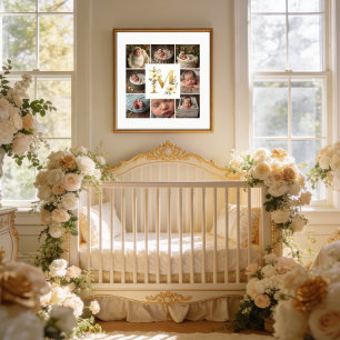 Póster Delicate Floral Initial M 8-Photos Collage Newborn