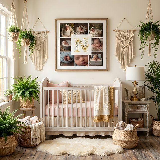 Póster Delicate Floral Initial N 8-Photos Collage Newborn (Delicate Floral Initial N Monogram 8-Photos Collage Newborn Session Poster Design. )