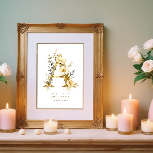 Póster Delicate Romantic Floral A Letter Gold Glitter (Delicate Romantic Floral A Letter in Gold Glitter Effect Posters Decor for Couples. )