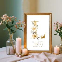Póster Delicate Romantic Floral E Letter Gold Glitter