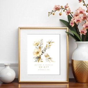 Póster Delicate Romantic Floral K Letter Gold Glitter