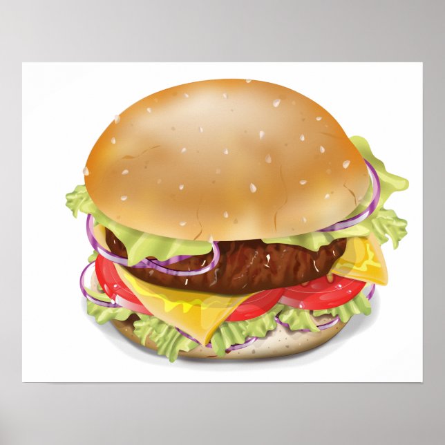 Póster Delicioso hamburguesa o cheeseburger. (Frente)