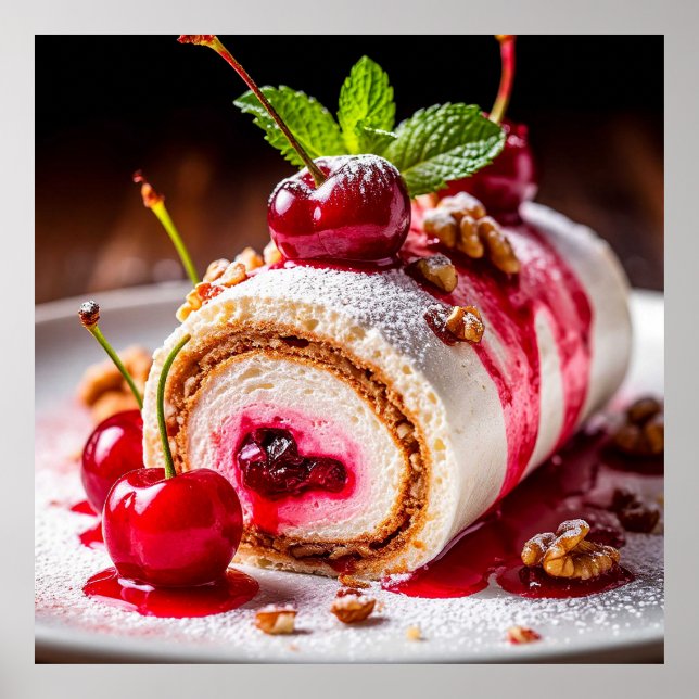 Póster Delicioso rollo de postre con cerezas frescas (Frente)