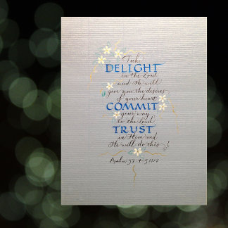 PÓSTER DELIGHT, COMMIT, TRUST, PSALM 37 CALLIGRAPHY BLUES