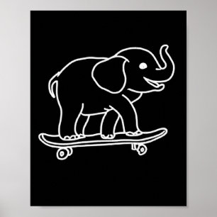 Póster Delineante de línea de dibujo de patineta de elefa