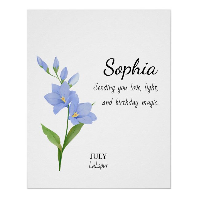 Póster Delphinium de julio Cumpleaños Personalizado (Anverso)