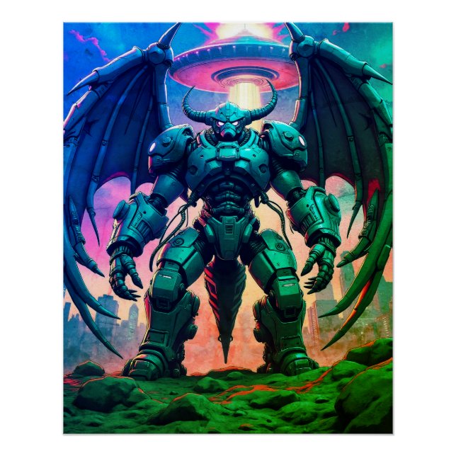 Póster Demon Roboter mit Flügel bei einem UFO (Anverso)