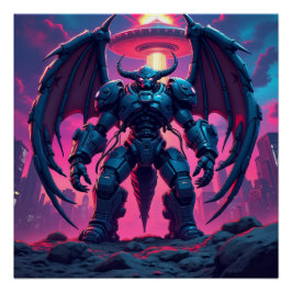 Póster Demon Roboter mit Flügel bei einem UFO