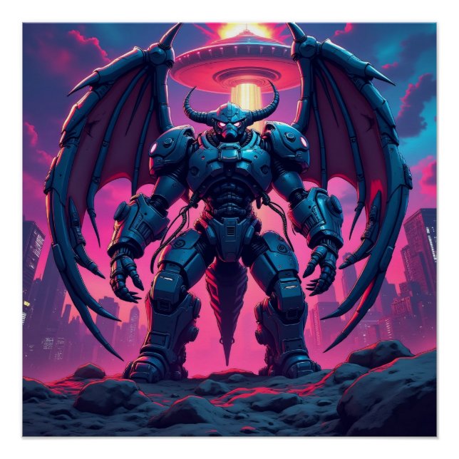 Póster Demon Roboter mit Flügel bei einem UFO (Anverso)