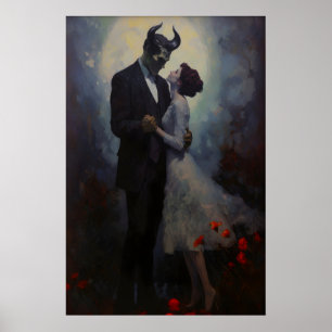 Póster Demonio gótico y mujer bailando a la luz de la lun