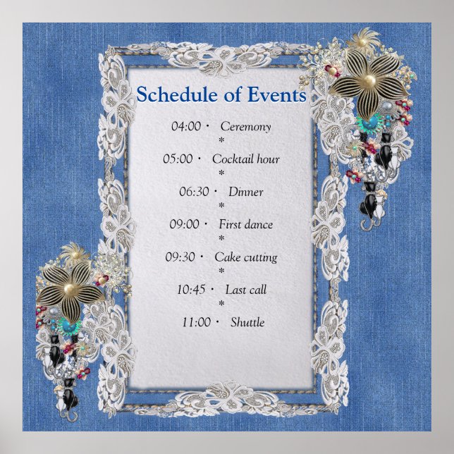 Póster Denim azul, encaje, joyas de vestuario (Frente)