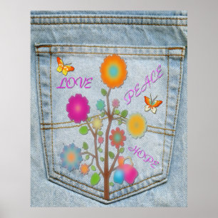 Póster Denim Back Pocket Flowers Peace Love Hope Poster