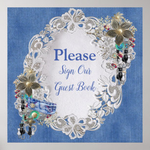 Póster Denim con encaje de flor crema y joyas de disfrace